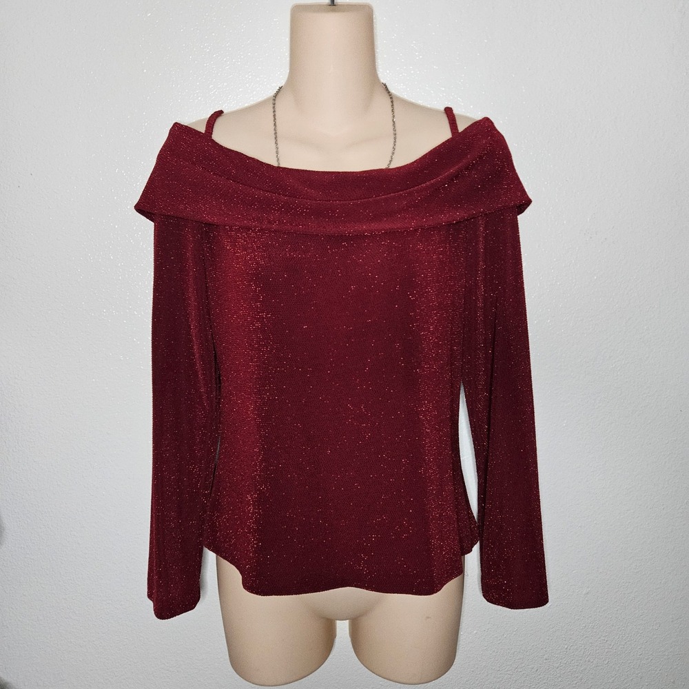 XSCAPE by Joanna Chen Red Metallic Sparkle Off Shoulder‎ Cowl Neck Top
